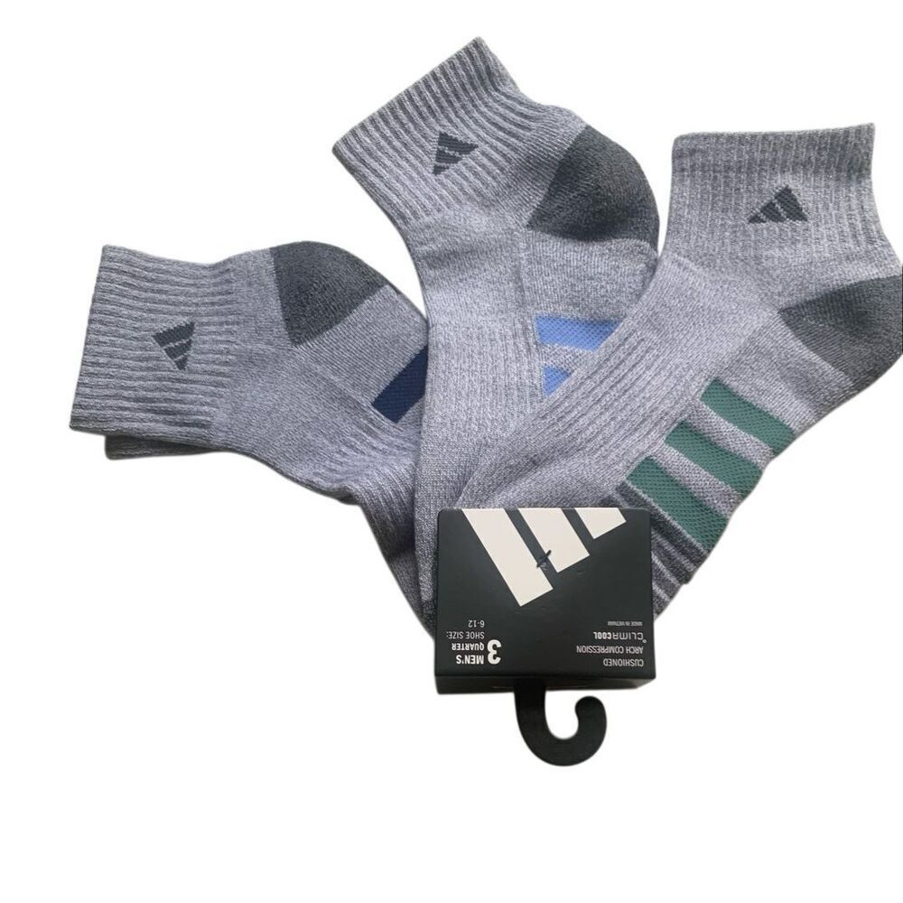 Adidas Men’s Cushioned Quarter Crew Socks 3-Pack Gray/Green Comfort Fit , NWT
